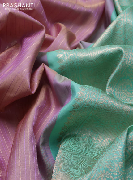 Pure gadwal silk saree mild lavender and teal green with allover zari stripe pattern & buttas and rettapet zari woven border