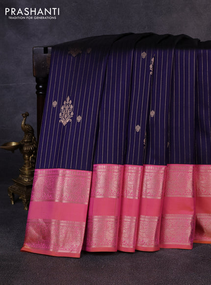 Pure gadwal silk saree navy blue and peach pink with allover zari stripe pattern & buttas and rettapet zari woven border