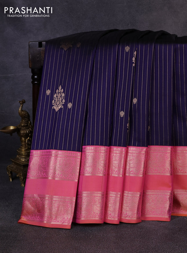 Pure gadwal silk saree navy blue and peach pink with allover zari stripe pattern & buttas and rettapet zari woven border