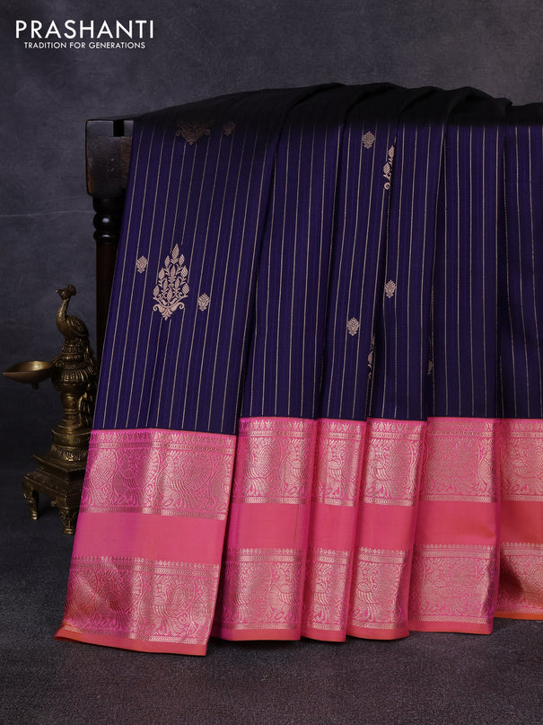 Pure gadwal silk saree navy blue and peach pink with allover zari stripe pattern & buttas and rettapet zari woven border
