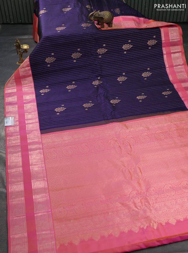 Pure gadwal silk saree navy blue and peach pink with allover zari stripe pattern & buttas and rettapet zari woven border