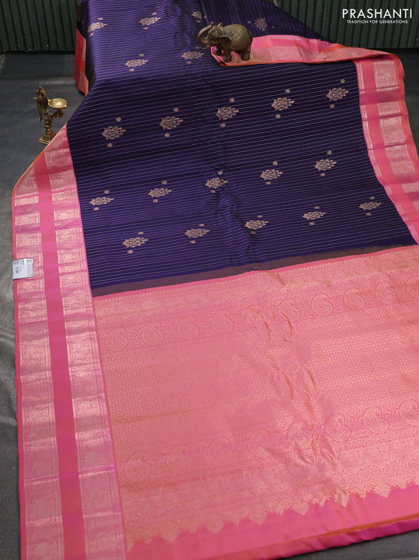 Pure gadwal silk saree navy blue and peach pink with allover zari stripe pattern & buttas and rettapet zari woven border