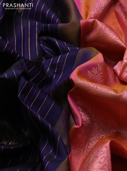 Pure gadwal silk saree navy blue and peach pink with allover zari stripe pattern & buttas and rettapet zari woven border