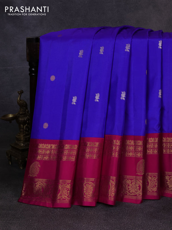 Pure gadwal silk saree royal blue and dark pink with allover silver & zari woven buttas and rettapet zari woven korvai butta border
