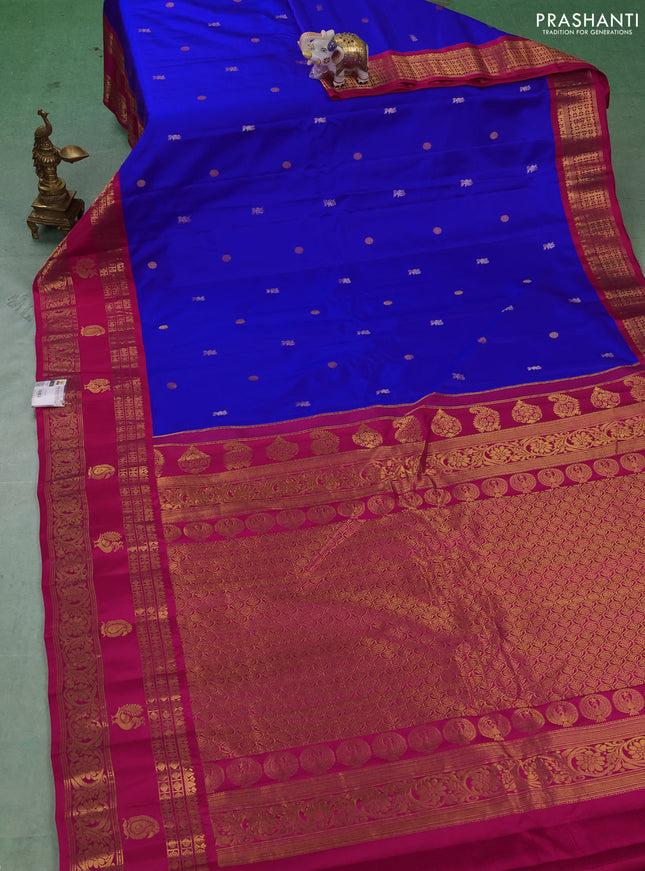 Pure gadwal silk saree royal blue and dark pink with allover silver & zari woven buttas and rettapet zari woven korvai butta border
