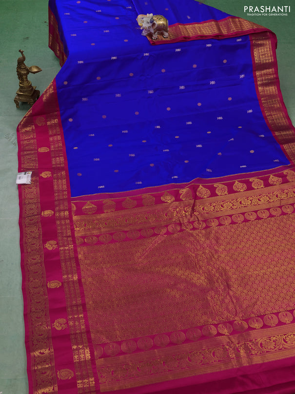 Pure gadwal silk saree royal blue and dark pink with allover silver & zari woven buttas and rettapet zari woven korvai butta border