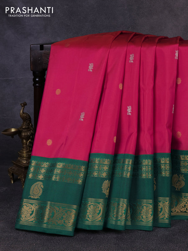 Pure gadwal silk saree peach pink and green with allover silver & zari woven buttas and rettapet zari woven korvai border