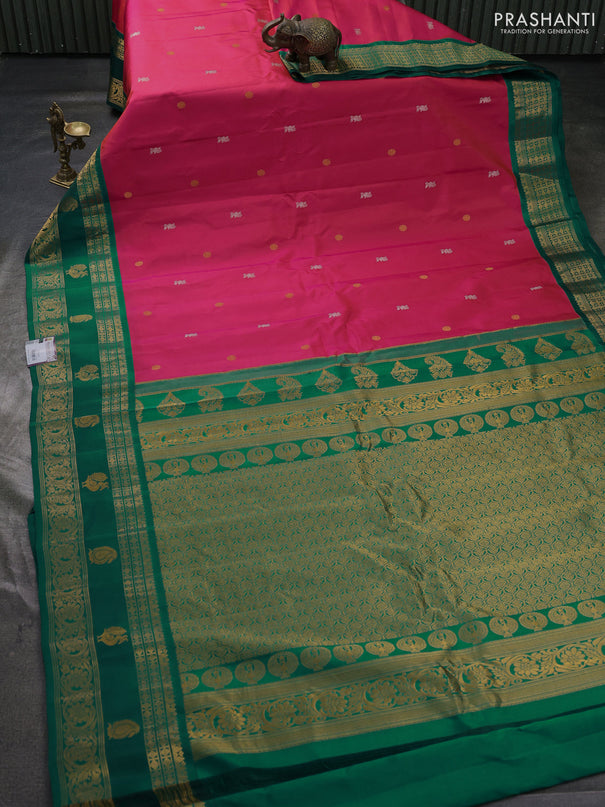 Pure gadwal silk saree peach pink and green with allover silver & zari woven buttas and rettapet zari woven korvai border