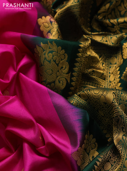 Pure gadwal silk saree dark pink and bottle green with allover zari woven buttas and temple design zari woven border