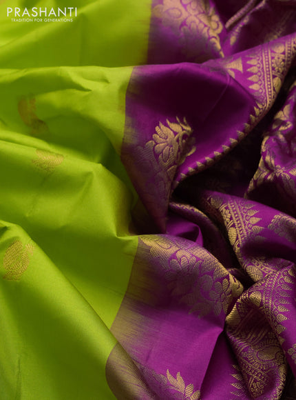 Pure gadwal silk saree light green and dark pink with allover zari woven buttas and temple design zari woven border