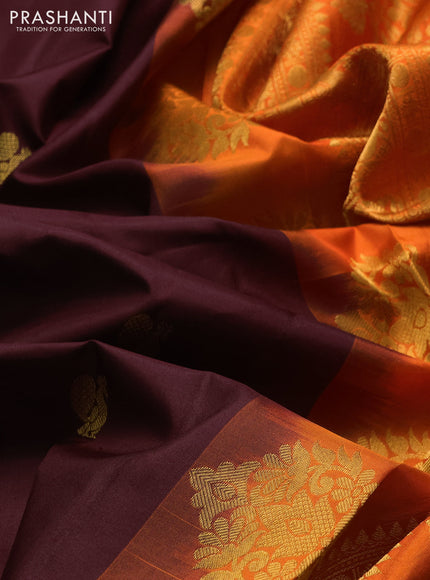 Pure gadwal silk saree coffee brown and orange with allover zari woven buttas and temple design zari woven border