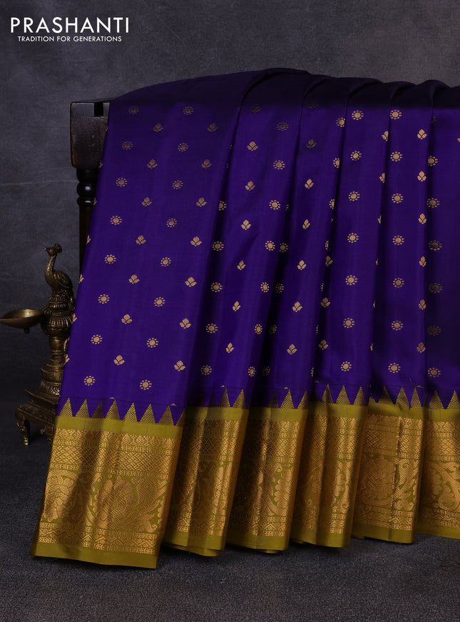 Pure gadwal silk saree violet and mehendi green with allover zari woven buttas and temple design zari woven border