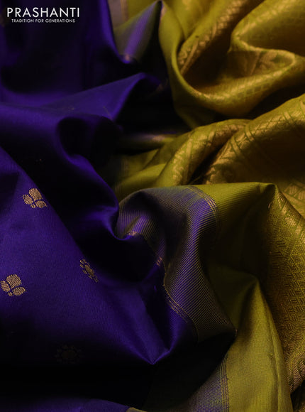 Pure gadwal silk saree violet and mehendi green with allover zari woven buttas and temple design zari woven border