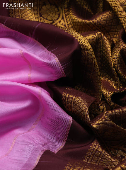 Pure gadwal silk saree lotus pink and coffee brown with allover zari woven buttas and temple design zari woven border