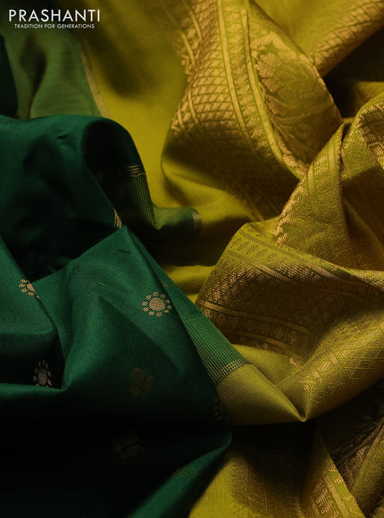 Pure gadwal silk saree bottle green and mehendi green with allover zari woven buttas and temple design zari woven border