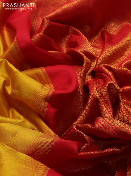 Pure gadwal silk saree mustard yellow and red with allover zari woven buttas and temple design zari woven border