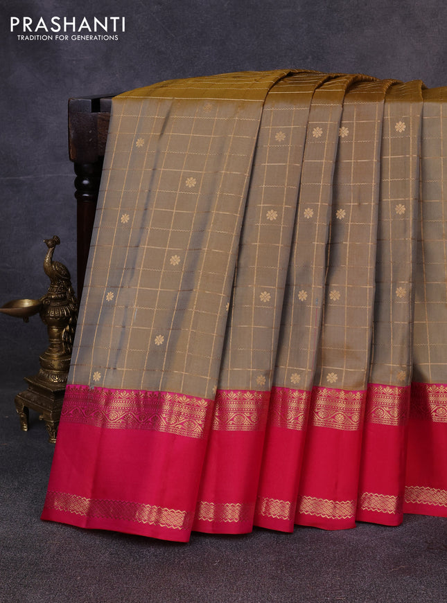 Pure gadwal silk saree dark beige and dark pink with allover zari checks & buttas and rettapet zari woven korvai border