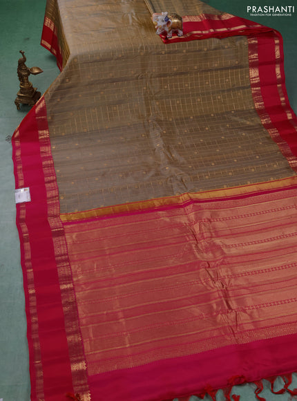 Pure gadwal silk saree dark beige and dark pink with allover zari checks & buttas and rettapet zari woven korvai border