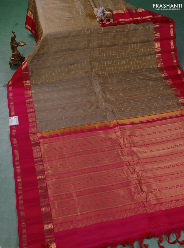 Pure gadwal silk saree dark beige and dark pink with allover zari checks & buttas and rettapet zari woven korvai border