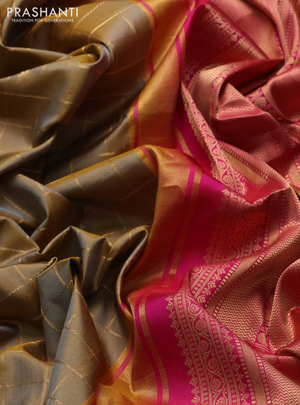 Pure gadwal silk saree dark beige and dark pink with allover zari checks & buttas and rettapet zari woven korvai border