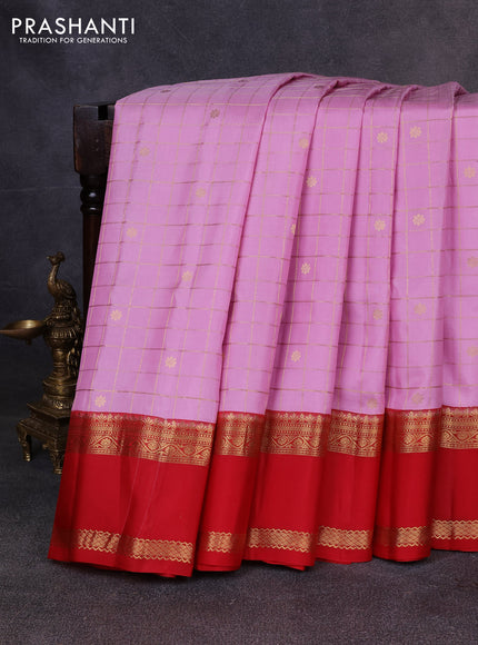 Pure gadwal silk saree lotus pink and red with allover zari checks & buttas and rettapet zari woven korvai border
