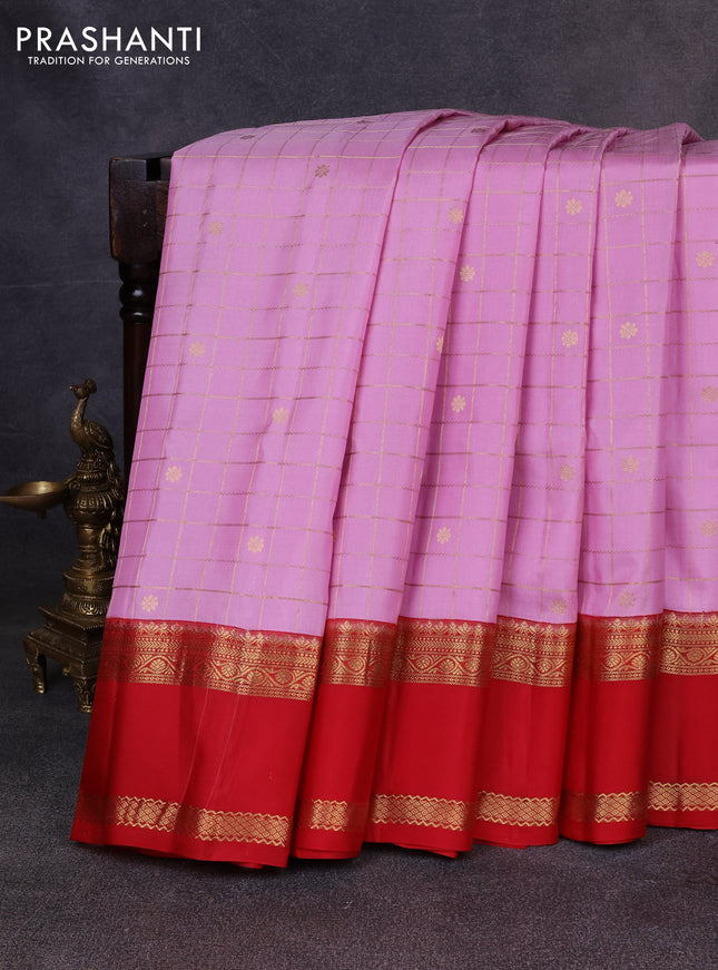 Pure gadwal silk saree lotus pink and red with allover zari checks & buttas and rettapet zari woven korvai border