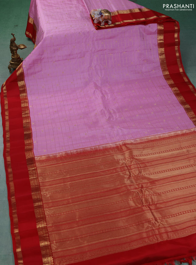 Pure gadwal silk saree lotus pink and red with allover zari checks & buttas and rettapet zari woven korvai border