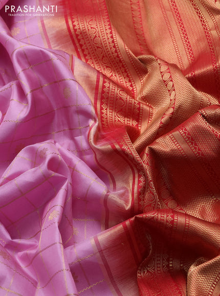 Pure gadwal silk saree lotus pink and red with allover zari checks & buttas and rettapet zari woven korvai border
