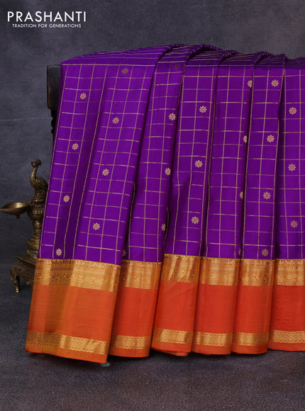 Pure gadwal silk saree violet and sunset orange with allover zari checks & buttas and rettapet zari woven korvai border