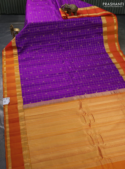 Pure gadwal silk saree violet and sunset orange with allover zari checks & buttas and rettapet zari woven korvai border
