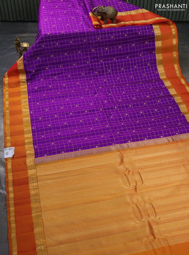 Pure gadwal silk saree violet and sunset orange with allover zari checks & buttas and rettapet zari woven korvai border