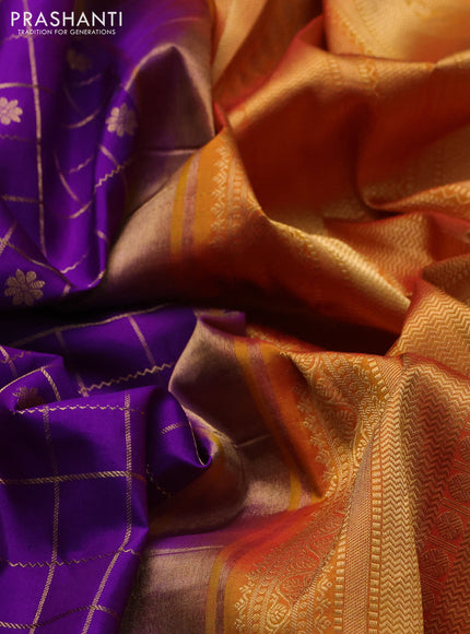 Pure gadwal silk saree violet and sunset orange with allover zari checks & buttas and rettapet zari woven korvai border