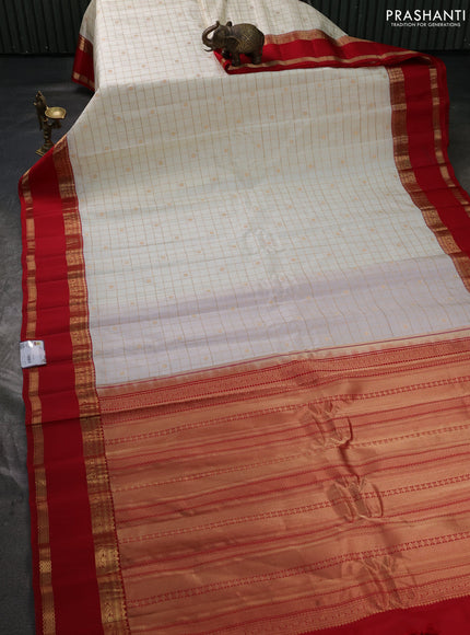 Pure gadwal silk saree off white and red with allover zari checks & buttas and rettapet zari woven korvai border