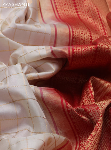 Pure gadwal silk saree off white and red with allover zari checks & buttas and rettapet zari woven korvai border