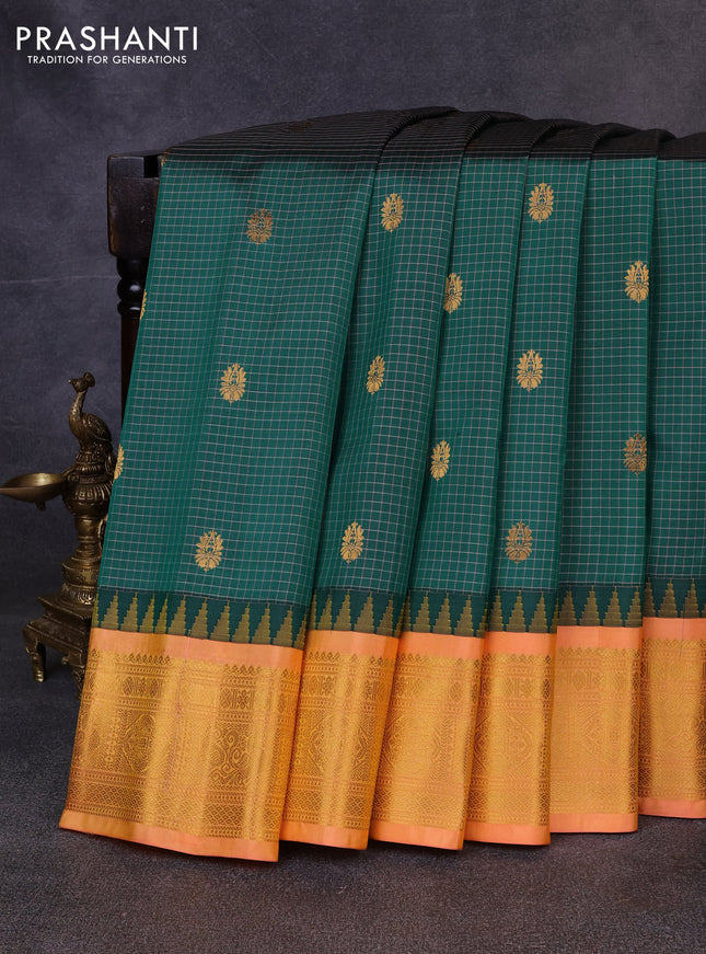 Pure gadwal silk saree green shade and peach orange with allover checks & zari buttas and temple design zari woven border