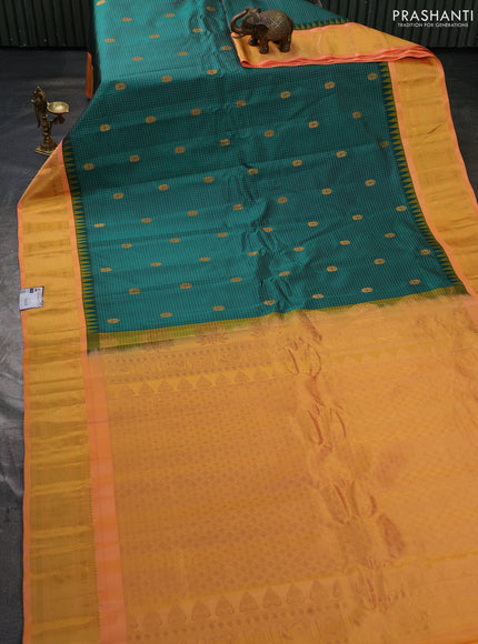 Pure gadwal silk saree green shade and peach orange with allover checks & zari buttas and temple design zari woven border