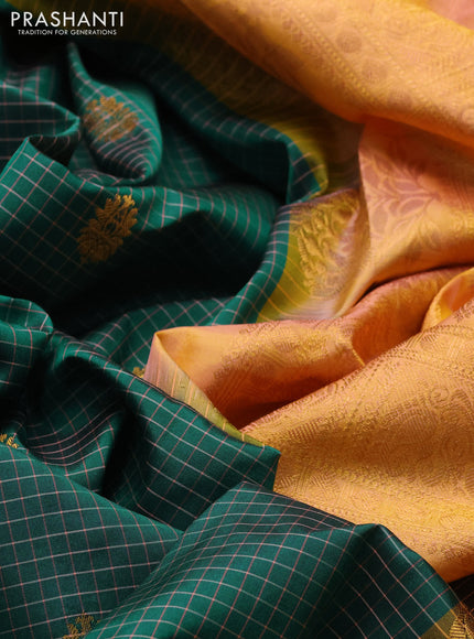 Pure gadwal silk saree green shade and peach orange with allover checks & zari buttas and temple design zari woven border