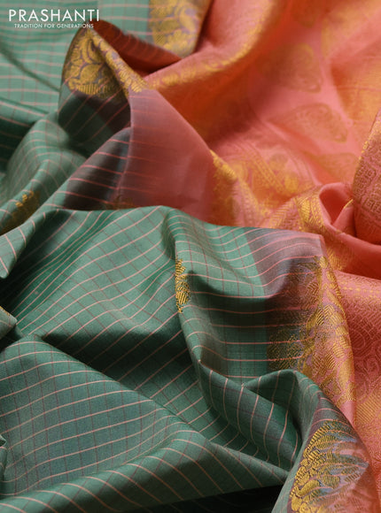 Pure gadwal silk saree green shade and peach orange with allover checks & buttas and temple design zari woven border