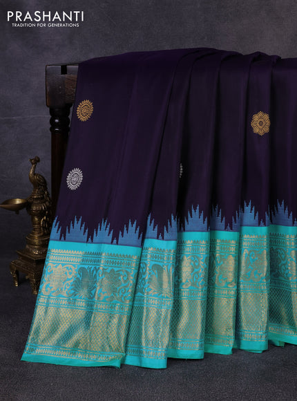 Pure gadwal silk saree navy blue and teal blue with allover silver & zari woven buttas and temple design zari woven border