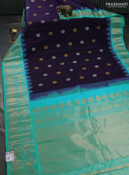 Pure gadwal silk saree navy blue and teal blue with allover silver & zari woven buttas and temple design zari woven border