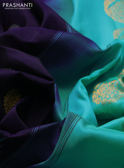 Pure gadwal silk saree navy blue and teal blue with allover silver & zari woven buttas and temple design zari woven border