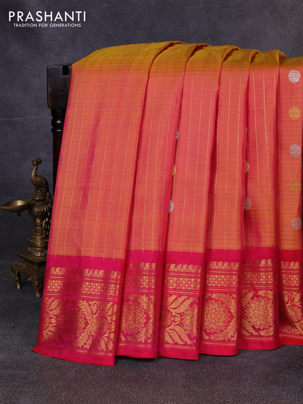Pure gadwal silk saree dual shade of yellow and dark pink with allover zari checks & buttas and zari woven border