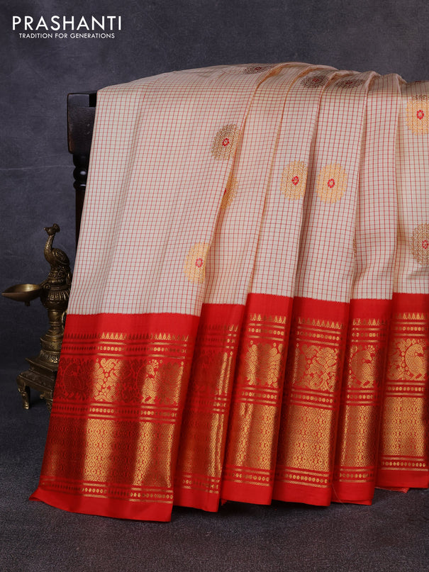 Pure gadwal silk saree cream and red with allover checks & zari woven buttas and ganga jamuna border