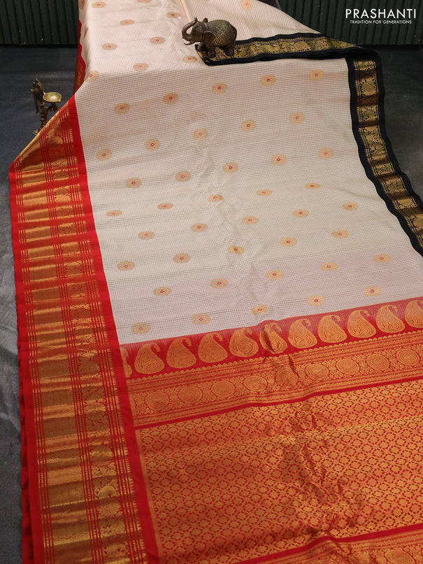 Pure gadwal silk saree cream and red with allover checks & zari woven buttas and ganga jamuna border