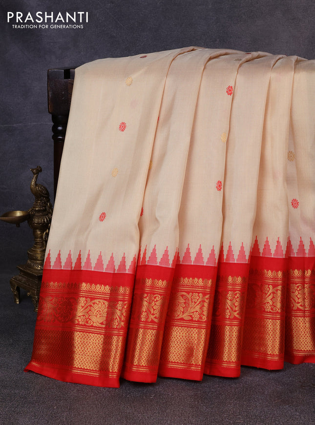 Pure gadwal silk saree cream and red with allover thread & zari woven buttas and temple design zari woven border