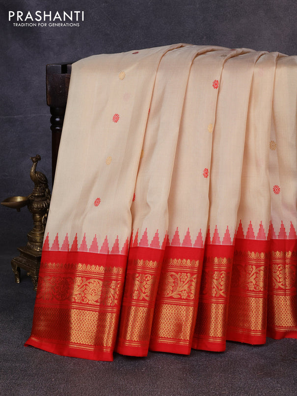 Pure gadwal silk saree cream and red with allover thread & zari woven buttas and temple design zari woven border