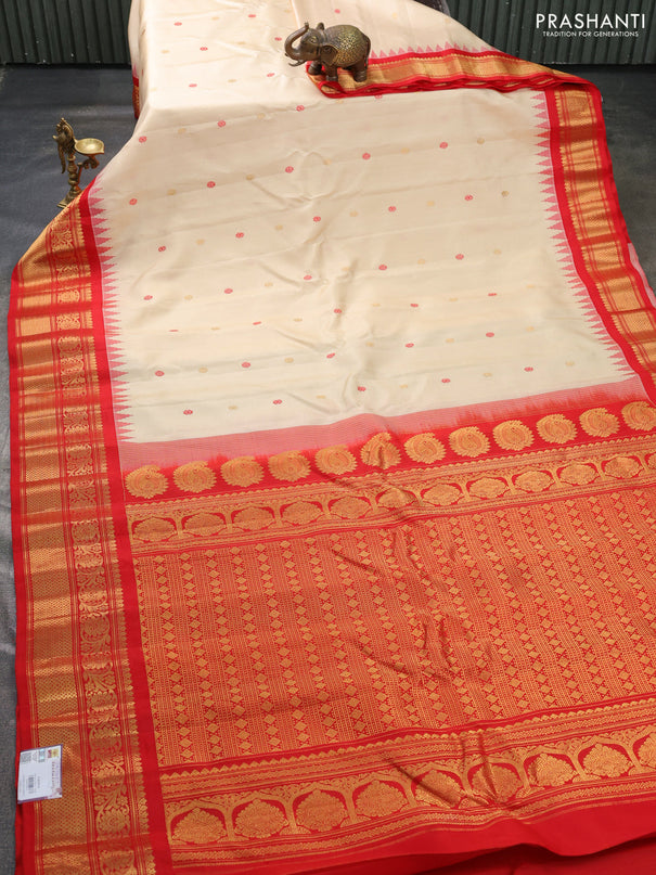 Pure gadwal silk saree cream and red with allover thread & zari woven buttas and temple design zari woven border