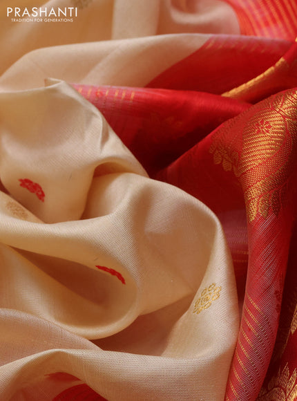 Pure gadwal silk saree cream and red with allover thread & zari woven buttas and temple design zari woven border