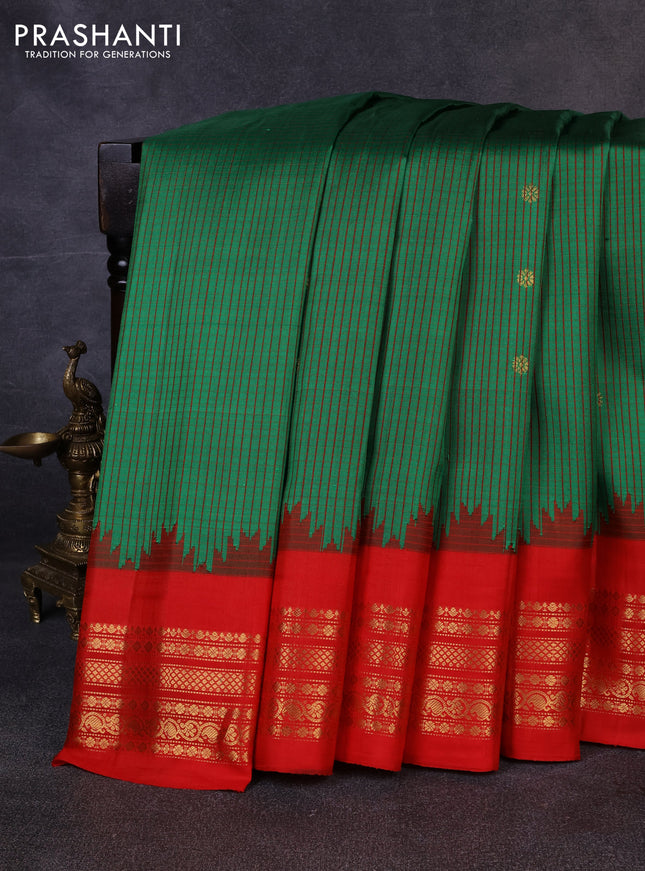Pure gadwal silk saree green and red with allover checks & zari woven buttas and temple design zari woven border