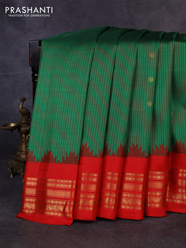 Pure gadwal silk saree green and red with allover checks & zari woven buttas and temple design zari woven border